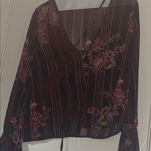 Forever 21 Black Sheer Floral V-Neck Blouse with Pink Blooms